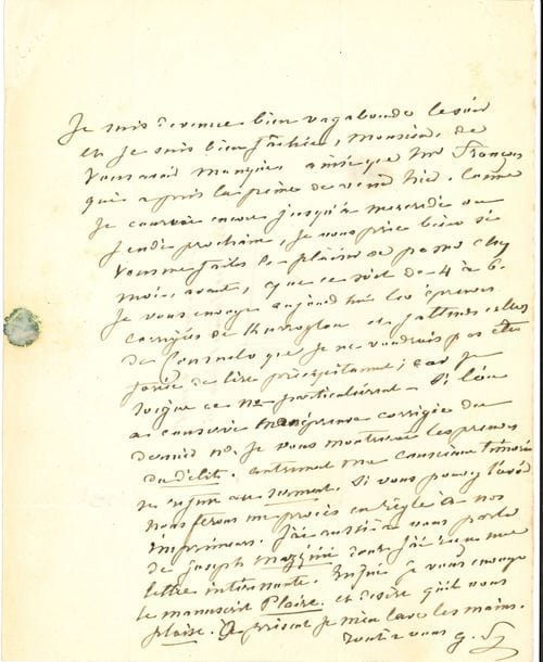 George SAND. L.A.S. « G.S », [Paris ver le 10 février 1843], à Louis Pernet ; 1 page petit in-4, adresse au verso.

   Au nouveau directeur de la Revue indépendante. « Je suis devenue bien vagabonde le soir », et elle est fâchée de  l’avoir manqué… « Je vous envoie aujourd’hui les épreuves corrigées de Kurroglou et j’attends celles de Consuelo que je ne voudrais pas être forcée de lire précipitament ; car je soigne ce n° particulièrement », car elle veut éviter les fautes qui ont entaché le précédent. « Autrement ma conscience timorée se refuse au serment. Si vous pouvez l’avoir nous ferons un procès en règle à nos imprimeurs. J’ai aussi à vous parler de Joseph Mazzini dont j’ai reçu une lettre intéressante »… 
 Correspondance, t. XXV, n° S 270.