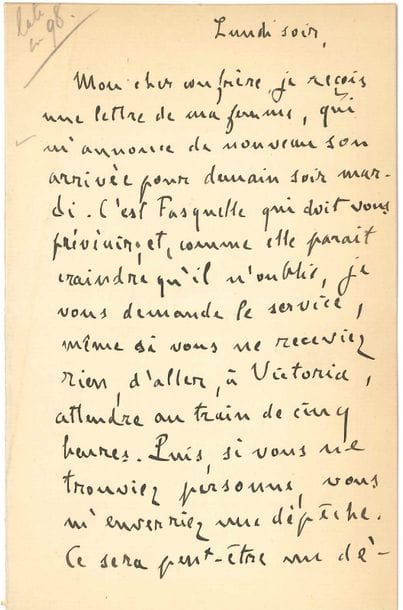 Émile ZOLA. L.A.S. « Z », [Upper Norward] Lundi soir [19 décembre ? 1898, à son traducteur anglais Ernest Vizetelly] ; 1 page et demie in-8.

   Lettre d’exil en Angleterre pendant le procès de J’accuse ! 
    « Mon cher confrère, je reçois une lettre de ma femme, qui m’annonce de nouveau son arrivée pour demain soir mardi. C’est Fasquelle qui doit vous prévenir ; et, comme elle paraît craindre qu’il n’oublie, je vous demande le service, même si vous ne receviez rien, d’aller, à Victoria, attendre au train de cinq heures. Puis, si vous ne trouviez personne, vous m’enverriez une dépêche. Ce sera peut-être un dérangement inutile, mais je serais désespéré si ma femme arrivait sans vous trouver »…