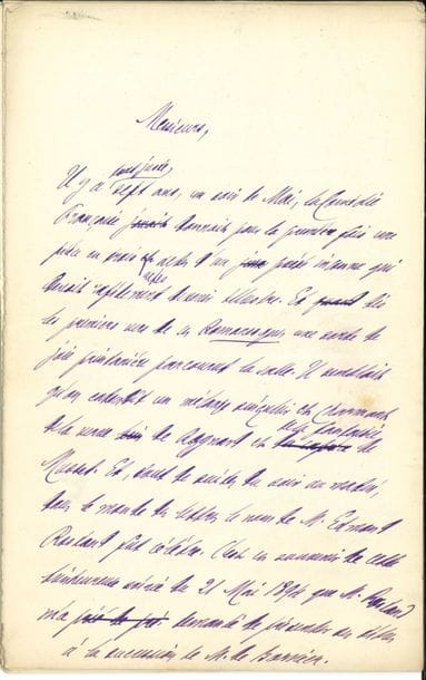 Jules CLARETIE (1840-1913). Manuscrit autographe, [vers 1903], et L.AS., [à Edmond Rostand] ; 12 pages in-8 à l’encre violette, et 1 p. in-8 à en-tête de la Comédie Française.

   Brouillon de discours pour la présentation des titres de Rostand à la succession d’Henri de Bornier à l’Académie Française (1903). « Messieurs, il y a tout juste sept ans, un soir de mai, la Comédie Française donnait pour la première fois une pièce en trois actes d’un jeune inconnu qui allait rapidement devenir illustre. Et dès les premiers vers de ces Romanesques une sorte de joie printanière parcourut la salle »… Claretie retrace son parcours littéraire et théâtral… « Il me semble que nul mieux que M. Rostand ne prononcerait mieux l’éloge du confrère inspiré que nous avons perdu. M. de Bornier louait, un jour, devant moi, les beaux vers qu’écrivait l’auteur de Cyrano Pour la Grèce »… 19 août. « Double remerciement, double applaudissement aux deux poètes amis, à ces deux évocateurs exquis du Monde des Rêves ; – respect profond à l’un, à l’autre cordial dévouement que j’espère bien pouvoir lui prouver un jour. Il nous console de la pluie ce délicieux Angélus des Fées et nous avons aussi par lui un rayon de soleil d’Arnaga »…