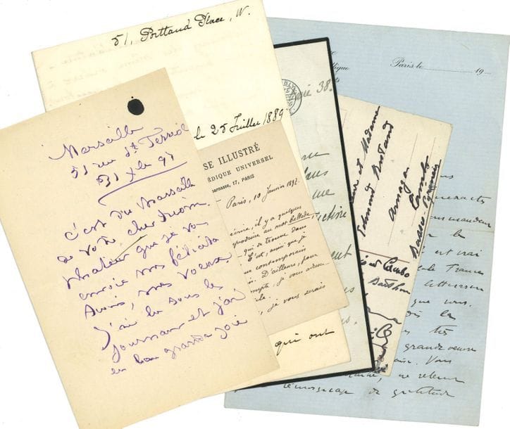 [Edmond ROSTAND]. 6 lettres à lui adressées, la plupart L.A.S.

   Juliette Adam ( 31 décembre 1897, félicitations pour « l’immense succès » de Cyrano), Claude Augé (10 janvier 1892, pour reproduire la ballade de Cyrano de Bergerac à l’entrée « ballade » du Nouveau Larousse Illustré), général Georges Boulanger (25 juillet 1889, sur sa candidature), Marie-Cécile Ney d’Elchingen, princesse Murat (12 juillet 1915, remerciant pour le sonnet qu’il lui a dédié dans Le Gaulois), Anna de Noailles (carte postale de Bellagio, également signée par Louis et Max Barthou, Jean Pozzi et Marie Sheikevitch), Théodore Steeg (sur la prochaine cravate de commandeur pour Anatole France), etc.