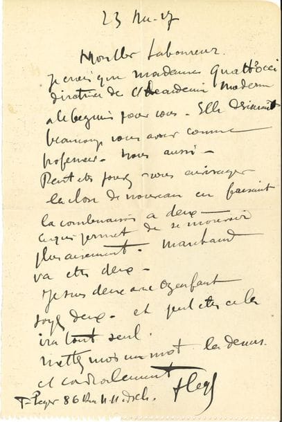 Fernand LÉGER (1881-1955). L.A.S., 23 décembre. 1927, au peintre Jean-Émile Laboureur ; 1 page in-4, enveloppe.

   « Je crois que Madame Quatrocci directrice de l’Académie Moderne a le béguin pour vous. Elle désirerait beaucoup vous avoir comme professeur. Nous aussi. Peut-être pouvez-vous envisager la chose de nouveau en faisant la combinaison à deux – ce qui permet de se mouvoir plus aisément. Marchand va être deux. Je suis avec Ozenfant. Soyez deux »…