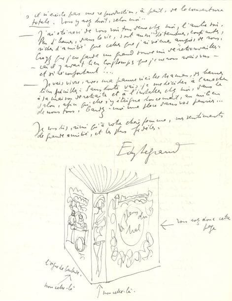 Edy LEGRAND (1892-1970) peintre et illustrateur. 54 L.A.S., 1951-1975, à Jean Collin (avec quelques minutes de réponse) ; environ 120 pages formats divers, plusieurs à son en-tête ou Les Éditions du trente-cinquième parallèle, quelques illustrées de photos de ses œuvres, nombreuses enveloppes.

   Belle correspondance à un admirateur et client, rapidement transformé en ami et confident. Les lettres sont écrites de Rabat, Assa (confins de Mauritanie), Ifrane (Haut Atlas), Goulimine (Maroc), puis de Paris, Lourmarin (Vaucluse) ou New-York…
    Elle s’ouvre par une réponse à une demande de dessins ; Legrand termine alors l’illustration de romans de Malraux : « J’y suis bien loin de la Bible, mais, presque toujours, en Orient tout de même – comme ici – ; et la confrontation des antinomies Orient-Occident y est étudiée d’une façon saisissante et combien actuelle ! Car le problème de l’Orient tout entier est d’autant plus brûlant que la pensée de l’Occident est plus défaillante, et y peut mordre moins. C’est notre absence, là-bas, en esprit ; non point en canons ou en machines ! – qui est la cause du drame actuel » (18 avril 1951)… Il fait des dessins d’Afrique du Nord pour les éditions Odé, voyage dans le sud du Maroc, se trouve très pris par « un petit Lafayette pour l’Amérique, après cette Arabie déserte de Daughty », et projette un voyage de travail en Grèce… Ses vœux en 1953 sont illustrés d’une photo de lui-même, palette à la main et chameau aux pieds… Il évoque des projets d’expositions abandonnés, la perte de ses ateliers, des ennuis de santé, ses droits d’auteur bafoués… « La France et le monde souffrent, et le temps des artistes, désintéressés et poursuivant leur idée en silence, est révolu » (22 mai 1954)… Doléances concernant la Bible éditée par Maurice Robert… Commentaires sur les affaires du Maroc… Il reçoit une commande du gouvernement marocain, puis annonce, le 24 décembre 1956, son départ du pays : il s’est réfugié dans le Vaucluse… Plaintes conc