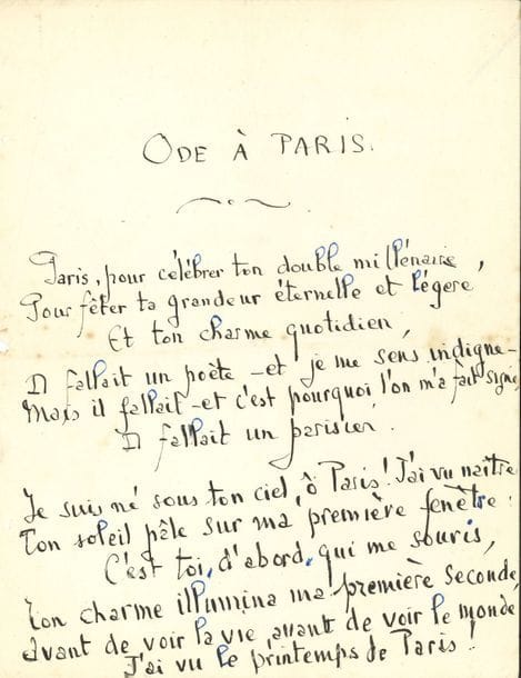 Maurice Rostand. 10 manuscrits autographes de poésie (4 signés), et 1 P.A.S. ; 17 pages formats divers.

   « Pourquoi j’aime Passy… », sonnet. Rondel-Préface dédié à Marcel Fargues. Chaîne pour Sainte-Thérèse de Lisieux !, 3 quatrains de quadrisyllabes. Sonnet-Préface pour Jean Hamon. Sonnet-Préface dédié à Mme P. Levillain (2 versions). La Valse, en 16 sizains. Ode à Paris. Quatrain extrait de La Déserteuse. La Ballade des Orphelins d’Auteuil. Plus un éloge de vers libres d’une poétesse. On joint 4 fac-similés.