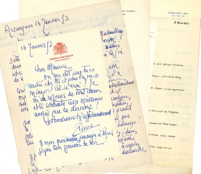 LITTÉRATURE. Environ 100 lettres, la plupart L.A.S., adressées à Maurice Rostand (plus qqs cartes de visite et télégrammes ; défauts à qqs lettres).

   Paul Achard, Pierre d’Arcangues (3), Philippe Barrès, Gérard Bauër, Pierre Benoit, Henri Bergson (1940, remerciant du sonnet qu’il lui a dédié), Tristan Bernard, Henry Bernstein (sur Judith), Marthe Bibesco, Sylvain Bonmariage (sur Proust), Édouard Bourdet, Emmanuel Bove (admiration pour Verlaine, 1938), Jean Cassou, Félicien Challaye, Jacques Chardonne, André Chaumeix, Judith Cladel, François de Curel, Daniel-Rops, Lucien Daudet, Maurice Dekobra, Lucie Delarue-Mardrus, Pierre Descaves, Jacques Deval, Maurice Donnay (3), Roland Dorgelès, Guy Dupré, Pierre Espil, Eugène Fasquelle, Paul Faure (6), Louis de Gonzague Frick, Roger Gaillard, Gaston Gallimard (recommandant Serge Groussard), Jean Gandrey-Réty, Jean-Jacques Gautier, Bernard Gavoty, Fernand Gregh, Pierre Grosclaude, Émile Henriot, Philippe Hériat (3), Abel Hermant, Henri Jeanson, Camille Jullian, Léon-Paul Fargue, Georges Lecomte, H.R. Lenormand, Julien Luchaire, Victor Margueritte, Roger Martin du Gard, François Mauriac, A. Mouézy-Éon, E. de Nalèche, Georges Neveux, Roger Nimier, M. de Pierrebourg, Georges Pioch, Paul Raynal (5), Henri de Régnier, André Rivoire, Roger-Ferdinand (5), J.H. Rosny aîné, André Roussin, Alfred Savoir, Hélène Seguin, Maurice Toesca, Gabriel Trarieux, Henri Troyat, Albert Willemetz, Miguel Zamacoïs, etc.