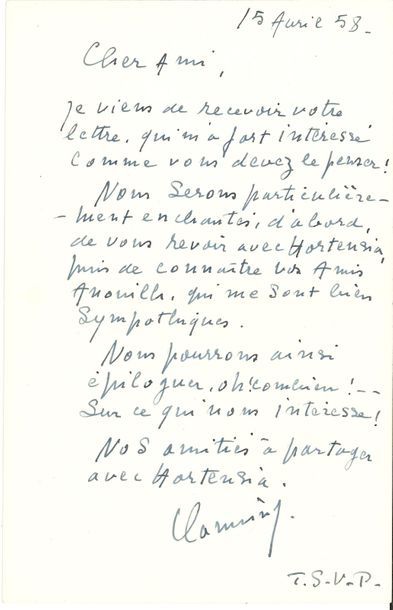 Maurice de VLAMINCK (1876-1958). L.A.S., 15 avril 1958, à son ami Marcello Anchorena ; 1 page et demie in-8.

   Il sera enchanté de le revoir avec Hortensia, « puis de connaître vos amis Anouilh, qui me sont bien sympathiques. Nous pourrons ainsi épiloguer, Oh ! combien !… sur ce qui nous intéresse ! »… Il pense recevoir le livre de Jean Anouilh, auquel il adresse son roman Le Garde-Fou (Flammarion, 1958).