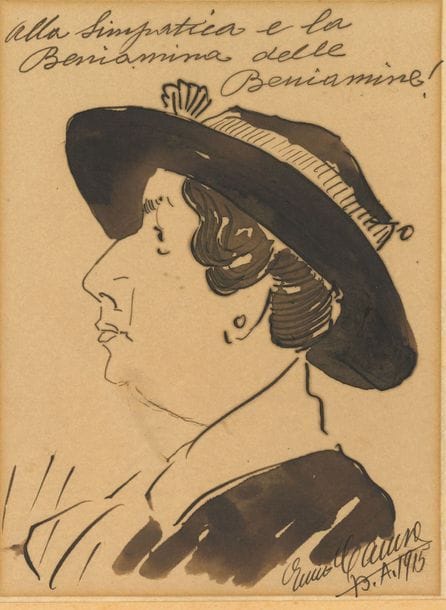 Enrico CARUSO (1873-1921). Dessin original signé avec légende autographe, 1915 ; environ 17,5 x 12,5 cm contrecollé sur un cartonnage ; en italien.   Portrait à la plume et au lavis d’une dame coiffée d’un chapeau, vue de profil, identifiée au verso comme Milka Ternina (cantatrice croate, 1863-1941), dédicacé « Alla Simpatica e la Beniamina delle Beniamine ! » Caruso a signé en bas à droite : « Enrico Caruso B.A. [Buenos Aires] 1915 ».

