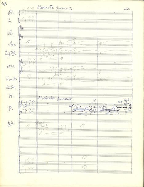 Henri Cliquet-Pleyel (1894-1963). Manuscrit musical autographe, Concerto, [1940] ; 155 pages in-fol. (à l’encre et au crayon, quelques déchirures au premier feuillet).

   Partition d’orchestre de son concerto pour piano et orchestre. 
    Le manuscrit, sur papier Durand à 20 lignes, est écrit à l’encre bleu nuit pour la partie de piano (et les armatures) ; l’orchestration est réalisée au crayon. L’orchestre comprend : 2 flûtes, 2 hautbois, 3 clarinettes, 2 bassons, 2 trompettes, 3 cors, 2 trombones, tuba, harpe, batterie, et les cordes. 
    Les mouvements s’enchaînent : Allegro quasi marziale, Andante con moto, Vivace, Lento, Allegro moderato, Allegro molto, Allegretto spirituoso, Moderato molto espressivo, Vivace, Andante con moto, Lento, Allegro molto, Vivo. 
   Henri Cliquet-Pleyel avait fondé, avec Roger Désormière, Maxime Jacob et Henri Sauguet l’École d’Arcueil, sous le parrainage d’Erik Satie.