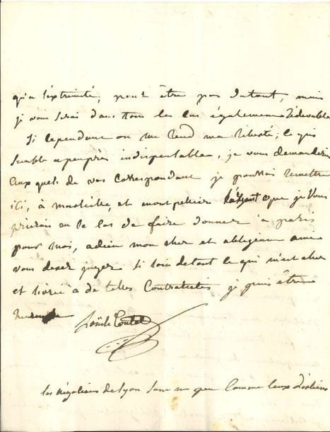 Louise CONTAT (1760-1813) actrice, sociétaire de la Comédie Française, elle créa Suzanne du Mariage de Figaro. L.A.S., Lyon 2 ventôse VII (20 février 1799), au citoyen Perregaux, banquier à Paris ; 2 pages in-4, adresse avec cachet de cire rouge (brisé).

   Elle le prie de lui envoyer une lettre de crédit de 1200 francs. « Mes camarades de la République ayant jugé à propos de rouvrir leur théâtre (bien que je n’aie aucun engagement avec eux ; et que celui qui me liait avec Sageret, me garantisse un congé de 45 jours à ma disposition) viennent de me faire intimer l’ordre de retourner de suite à Paris, il ne m’est pas assez facile de me passer de 18 ou 20 000ll que devait me procurer ma tournée, pour que j’obéïsse aveuglément. J’ai fait toutes mes réclamations, mais en m’empêchant de jouer ils me feraient mourir de faim ».. 
.   On joint une L.A.S. de l’acteur Jean-Baptiste Grand-Ménil, 12 frimaire XIV (3 décembre 1805), à l’avoué De Cormeille, avant une réunion de ses camarades à laquelle il ne peut assister.
