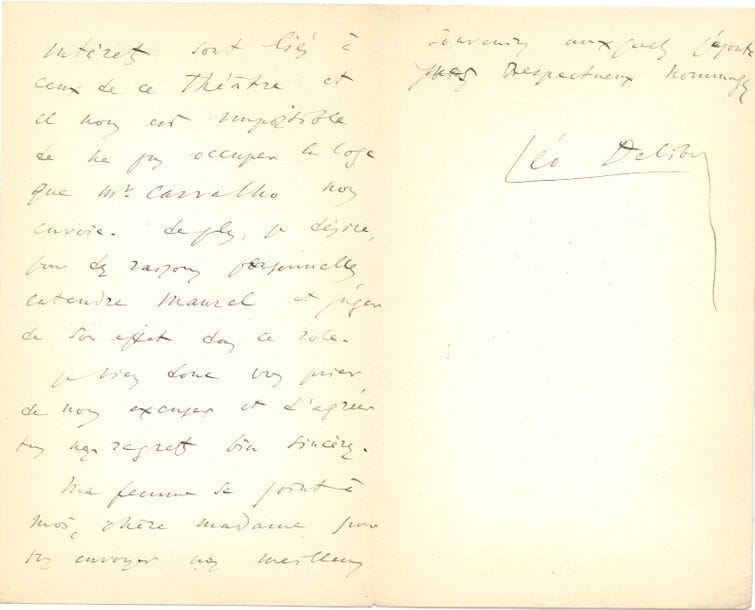 Léo DELIBES (1836-1891). 2 L.A.S., 1886 ? et s.d., [à Mme Henriette Fuchs] ; 2 pages et quart in-8, et 3 pages in-8 (petit deuil).

   Paris 19 janvier [1886 ?]. Il ne peut assister au concert de la Concordia : « l’Opéra-Comique donne aussi la reprise de Zampa. Vous savez combien mes intérêts sont liés à ceux de ce théâtre et il nous est impossible de ne pas occuper la loge que Mr Carvalho nous envoie. De plus, je désire, pour des raisons personnelles, entendre Maurel et juger de son effet dans ce rôle »... Le Châtelet, Choisy-au-Bac jeudi. « Je sais que vous appréciez les plaisirs académiques ; je sais aussi qu’il est difficile d’avoir toujours des billets pour la Gerbe, au grand complet, et je prends la liberté de vous envoyer ci-joint cette place pour la séance de samedi »...