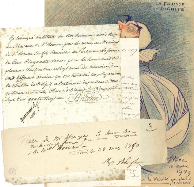 BEAUX-ARTS. 30 lettres, dessins ou photographie (la plupart L.A.S.).

   Peintres, illustrateurs, graveurs et architectes : Menut Alophe (reçu signé à l’éditeur Heugel), Jacques-Denis Antoine (1781), Ferdinand Bac (3 dessins originaux signés dont un portrait d’Ernest Renan), Émile Bastien-Lepage (cdv), André Beaurepaire (déchir.), E. Berne-Bellecour, Félix Bracquemond (photographie par Em. Courtin et portrait gravé par Rajon), Camille Bryen (photographie), Jacques Carelman (pastel, 1954), Roger Chapelain-Midy, Michel Ciry, Armand Dumaresq, Jean Edelmann, Georges d’Espagnat, Eugénie Faux-Froidure, Alphonse de Gisors (4 lettres sur les fontaines de Paris), Charles Jacque, Henri Lebasque, Bernard Poyet (an IX), Jean Signovert (composition gouache et lavis signée, et photographie), Tal-Coat (manuscrit, Sur la mission du peintre), Maurice Taquoy, Francis Tattegrain, Georges Villa (dessin à la plume : portrait de Brieux). 
    On joint un ensemble de 16 lettres adressées à Louis Hourticq à l’occasion de la parution de son Encyclopédie des beaux-arts (1925) : François Albert, Maurice Croiset, Émile Dacier, Léon Deshairs, Guillaume Janneau, André Michel, Jean Nesmy, Louis Réau, Francisque Vial, etc.