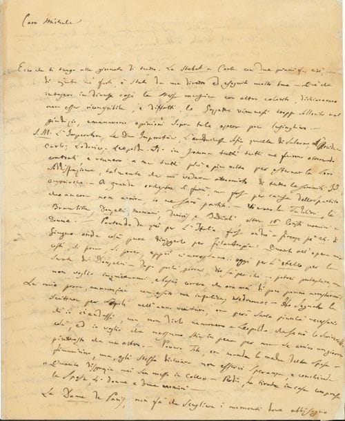 Gaetano DONIZETTI. L.A., [Vienne début mai 1842], à Michel Accursi à Paris ; 3 pages et quart in-4, adresse (petites répar. aux plis, au dos) ; en italien, avec qqs lignes en français.

   Longue lettre sur son séjour à Vienne, avant la création de son opéra Linda di Chamounix (créé au Kärntnertortheater de Vienne le 19 mai 1842). 
    Il a dirigé le Stabat Mater de Rossini avec deux pianoforte, très bien exécuté, devant toute la Cour : l’Empereur, les deux Impératrices, l’Archiduchesse Sofia, les Archiducs, tous ont dit leur satisfaction. Y ont chanté la Tadolini, la Brambilla, Donzeli, Moriani, Derivis, et Badioli, plus 16 choristes hommes et femmes. Il pense aller ensuite à Florence. Quant à son opéra, on répète. Il s’est engagé à en écrire un pour Naples dans l’année à venir. Il parle d’une dame de Paris qui lui écrit (en français) : « Maintenant je suis libre, vous m’avez abbandonnée, eh ! bien, je veux venir à Vienne, et vous voir » ; mais elle retournera à Paris seule…
    On va donner Linda [di Chamounix] ; il ne veut pas se charger de la vente de cet opéra, qu’on donnera peut-être à Lucca ; il en gardera la propriété en France, et s’occupera en son temps de la traduction. Il fait pour l’heure un Album de 6 petites choses, et va se mettre à faire un Ave Maria pour la Chapelle royale… Il règle des problèmes d’argent, et parle de divers amis…
 Il ajoute en français : « Mr Blangÿ a voulu monter Giselle ici… Dieu que tout cela était pitoyable… elle comprise ; le pubblic a été impitoyable… je ne sais pas si l’on donnera la 2e reppreson ».