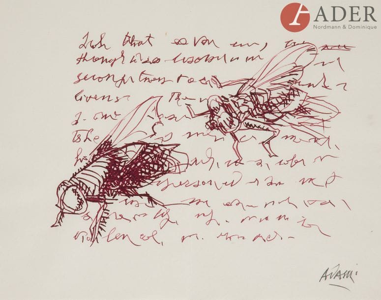Valerio ADAMI [italien] (né en 1935)
Les Mouches
Encre bordeaux.
Signée en bas à droite.
21.5 x 27 cm