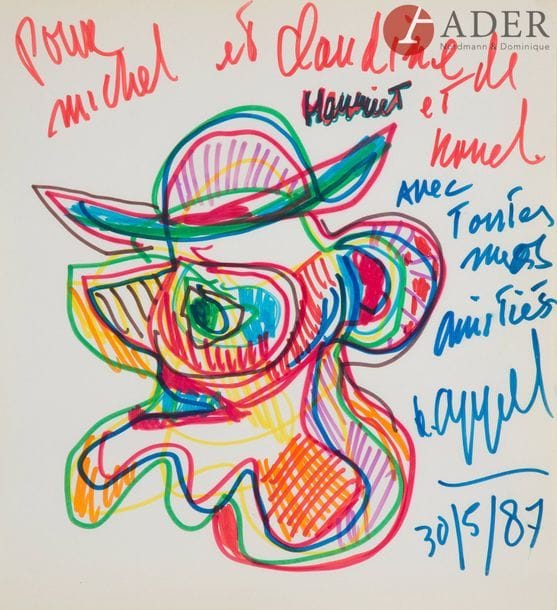 Karel APPEL [néerlandais] (1921-2008)
Homme au chapeau, 1987
Feutres de couleurs.
Signé, daté et dédicacé.
23.5 x 21.5 cm