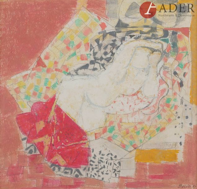 Gustav BOLIN [franco-suédois] (1920-1999)
Nu aux tissus, 1991
Technique mixte sur papier.
Signée et datée en bas à droite.
43 x 44 cm
