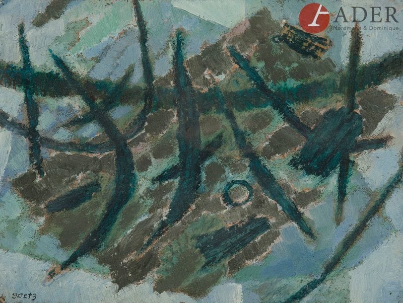 Henri GOETZ [franco-américain] (1909-1989)
Champs d’olives à Aups
Huile sur papier.
Signée en bas à gauche.
Titrée au dos.
13.5 x 18 cm