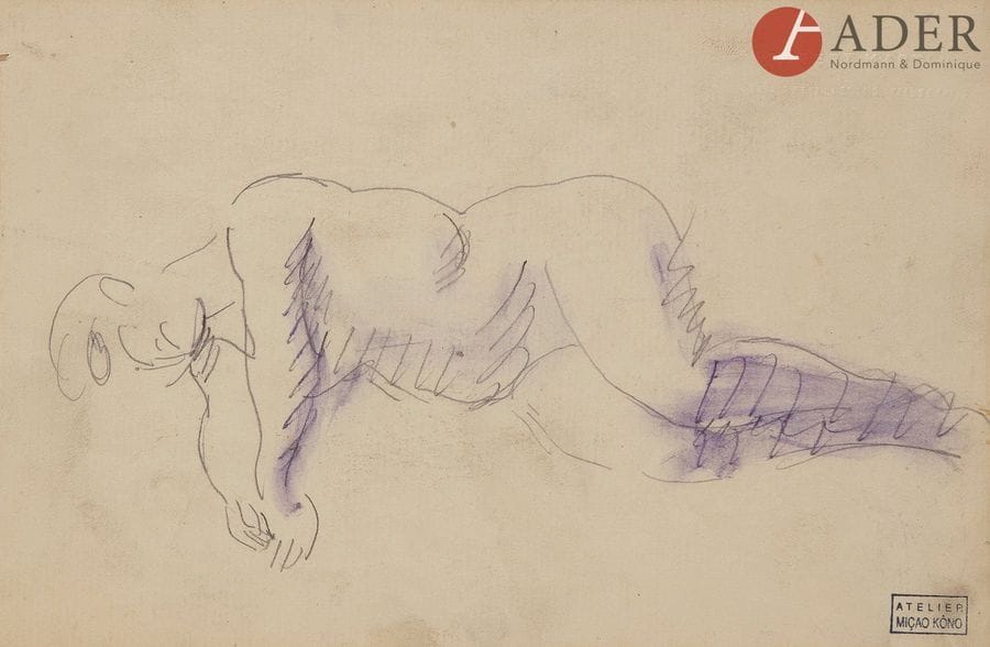 Micao KONO [japonais] (1900-1979)
Nu féminin allongé
Mine de plomb et aquarelle.
Porte le timbre de la vente d’atelier en bas à droite.
14.5 x 22 cm