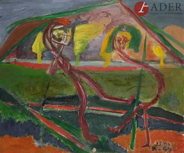Jean PONS (1913-2005)
Besoin d’être ennemis, 1944
Huile sur toile.
Signée et datée en bas à droite.
Signée, datée et titrée au dos.
46 x 55 cm
