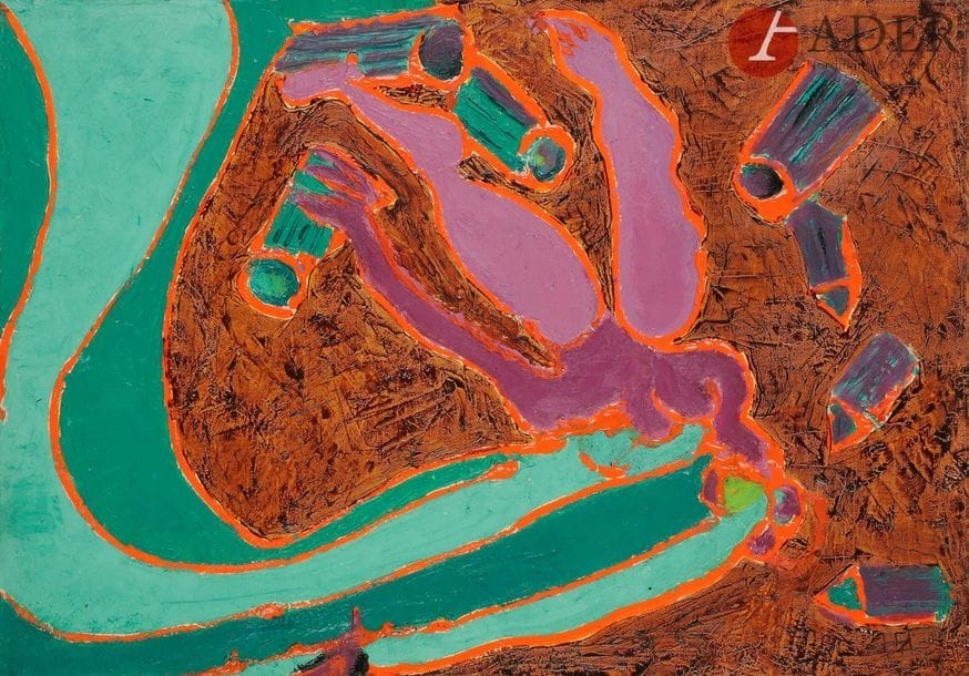 Jean PONS (1913-2005)
Mitraillomachie orange, 1973
Huile sur toile.
Signée au dos.
38 x 55 cm