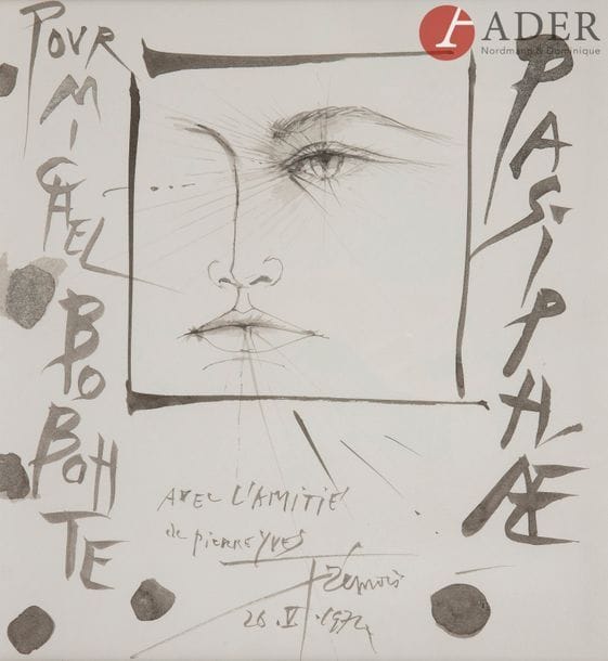 Pierre-Yves TREMOIS (né en 1921)
Pasiphaé, 1974
Encre et lavis d’encre.
Signée et datée en pied.
Titrée et dédicacée dans la composition.
21 x 19.5 cm