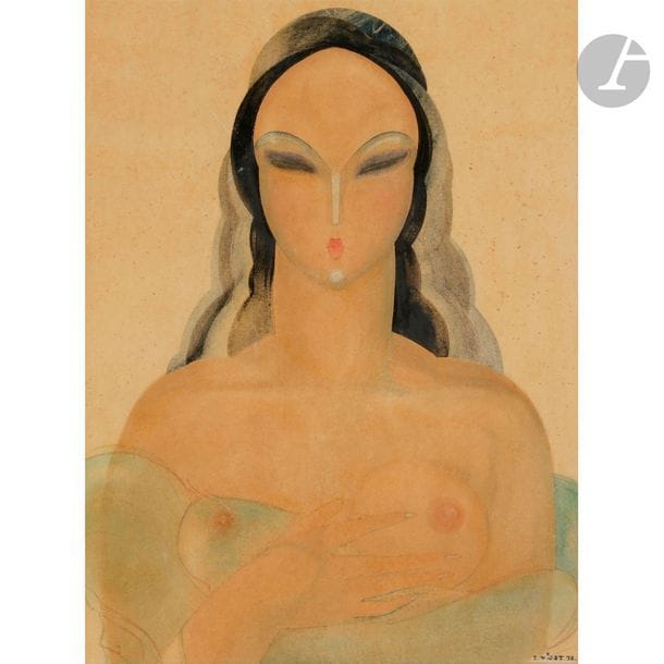 LUCIEN VIROT (1909-2003) 
Portrait de femme en buste, 1932
Gouache et aquarelle sur papier. Signée et datée L. VIROT 32. 16 x 24 cm & 34 x 30 cm (à vue).