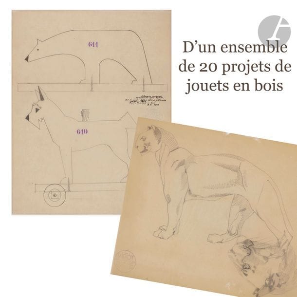 LUCIEN VIROT (1909-2003) 
Chevaux, félins, singe, coq, tête de bélier, lion, biche, brochet, ours, chien, chat & souris, hippopotame, cochon, cheval & son jockey, éléphant…
Réunion de 20 planches, sur calque et papier, présentant des projets de jouets en bois. Déchirures, taches, décolorations. Formats divers