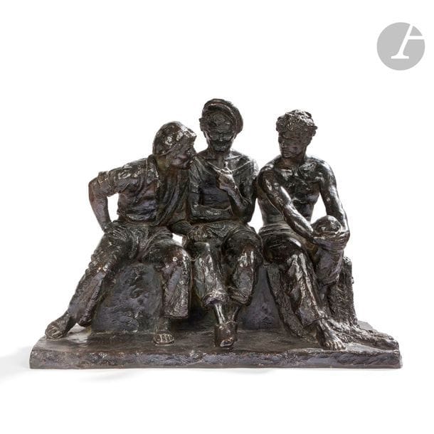 F. VILLON (XXe)
Trois pêcheurs 
Groupe sculpté. Épreuve en bronze à patine noire. Fonte d’édition ancienne, années 1930/50. Signé F. VILLON et porte le cachet de fondeur Cire Perdue VALSUANI au dos et porte le tampon Bronze. 34 x 35 x 20 cm 
 