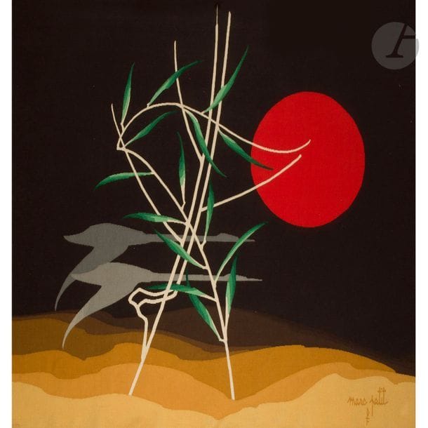 MARC PETIT (NÉ EN 1932) PEINTRE-CARTONNIER & PINTON LISSIER À AUBUSSON
L’aile du vent I, exemplaire 1/6
Tapisserie d’Aubusson en laine. Signée M. PETIT et porte le monogramme de lissier dans la trame en bas à droite, numérotée 1/6 au dos dans la trame, complète de son bolduc contresigné avec les mentions de titre, de lissier et de dimensions. 169 x 182 cm