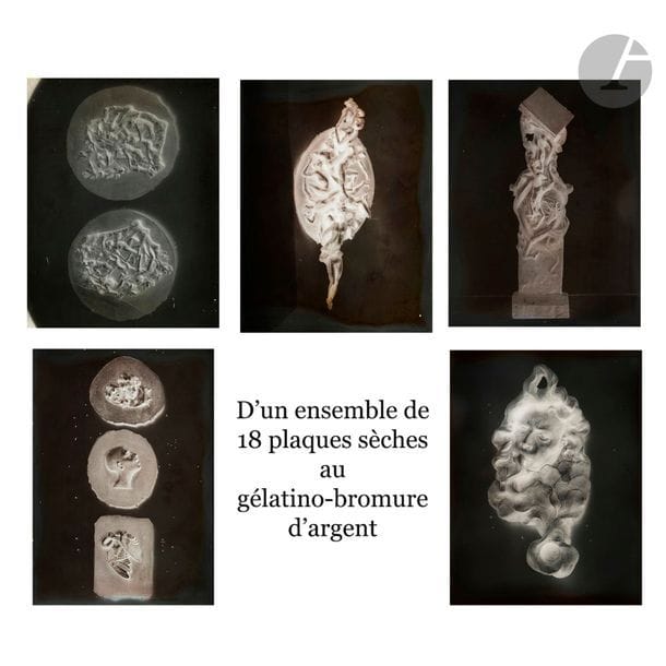 ARCHIVES RENÉ LALIQUE (1860-1945)
La femme et le corps féminin, tritons & sirènes, Léda & le cygne, coq, nymphes… 
Exceptionnel ensemble de 18 plaques sèches au gélatino-bromure d’argent (en négatif) formant prises de vues, réalisées à l’époque, de modélos en plâtre de broches, de pendentifs, vases, de boucles de ceinture, de pectoraux, etc. exécutés dans les ateliers de l’artiste. Vendues dans le coffret d’origine. Circa 1900. Chaque plaque : 30 x 24 cm 