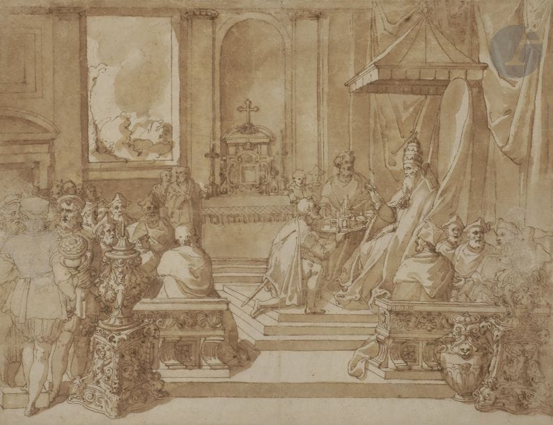 Attribué à Taddeo ZUCCARO 
(1529 - 1566)
Jules III restituant le duché de Parme à Octave Farnèse
Plume et encre brune, lavis brun.
(Ancienne pliure verticale au centre, deux manques restaurés sur les côtés, doublé).
34,5 x 46 cm Cette composition est à mettre en rapport avec la fresque peinte au palais de Caprarola (voir Cristina Acidini Luchinat, Taddeo e Federico Zuccari, tome I, Milan, Jandi Sapi éd., 1998, reproduit p. 194, fig. 60). Les scènes de l’histoire des Farnèse furent peintes par Taddeo et ses élèves dans l’Anticamera del Concilio, et la Sala dei Fatti Farnesiani, à Caprarola, entre 1562 et 1565. Plusieurs autres dessins se rapportent à cette fresque :
Le Louvre conserve un dessin de même composition que le nôtre (RF 73) 
.- Une première idée est conservée également à la Pierpont Morgan Library à New York (op. cit. supra, fig. 61), ainsi qu’une autre étude similaire dans une collection particulière vénitienne (op. cit., note 128). 
- Une étude pour une figure sur la gauche est conservée aux Offices, inv. 782S (op. cit. supra, note 128). L’espace de la fresque est plus resserré que celui des dessins.