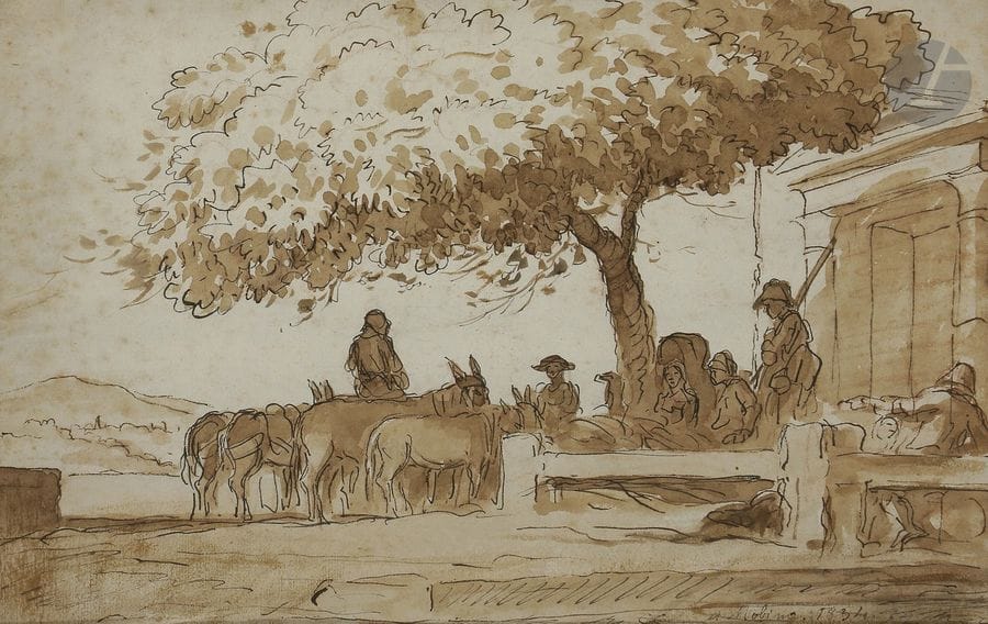 Attribué à Pierre Lélu (1741 - 1810)
Troupeau à l’ombre de l’arbre
Plume et encre brune, lavis brun.
Annoté postérieurement en bas à droite.
19 x 29,5 cm