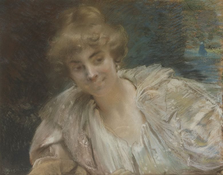 Albert BESNARD (1849 - 1934)
Portrait de femme
Pastel sur papier tendu sur toile.
Signé en bas à gauche.
(Longue déchirure en marge).
50 x 61 cm