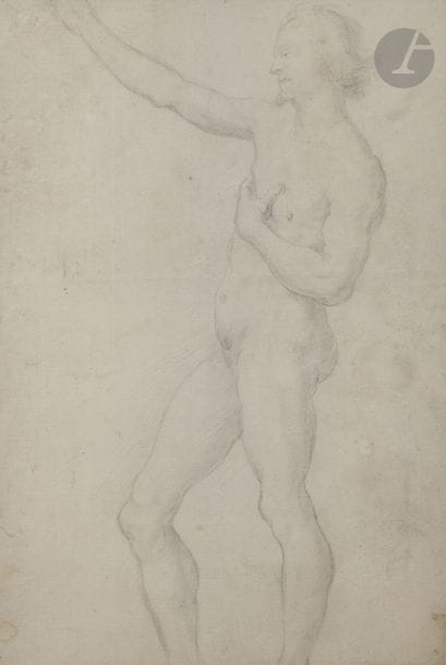 ÉCOLE FLORENTINE du XVIIe siècle
Académie d’homme - Couple
2 dessins au crayon noir recto-verso.
(Pliures, petites déchirures, petites taches).
39,5 x 26,5 cm