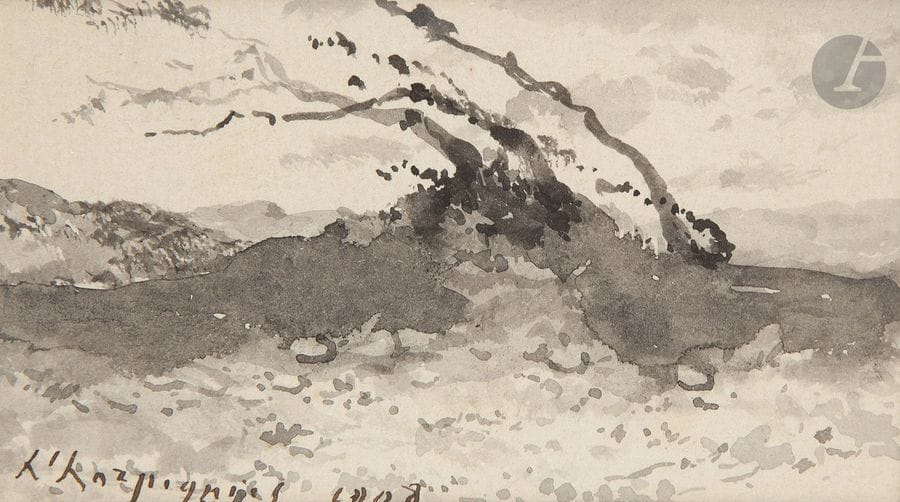 Henri-Joseph HARPIGNIES (1819 - 1916)
Paysage aux vols d’oiseaux, 1908
Lavis d’encre.
Signé et daté en bas à droite.
5,5 x 9,5 cm

Cette œuvre sera incluse au Catalogue Raisonné en préparation par Monsieur Jean-Pierre Cappoen.