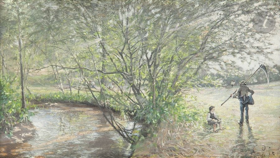 Ludovic PIETTE (1826 - 1877)
Les Fenaisons
Gouache sur carton.
Signée et datée en bas à droite (coupée).
(Petites craquelures).
23 x 37,5 cm