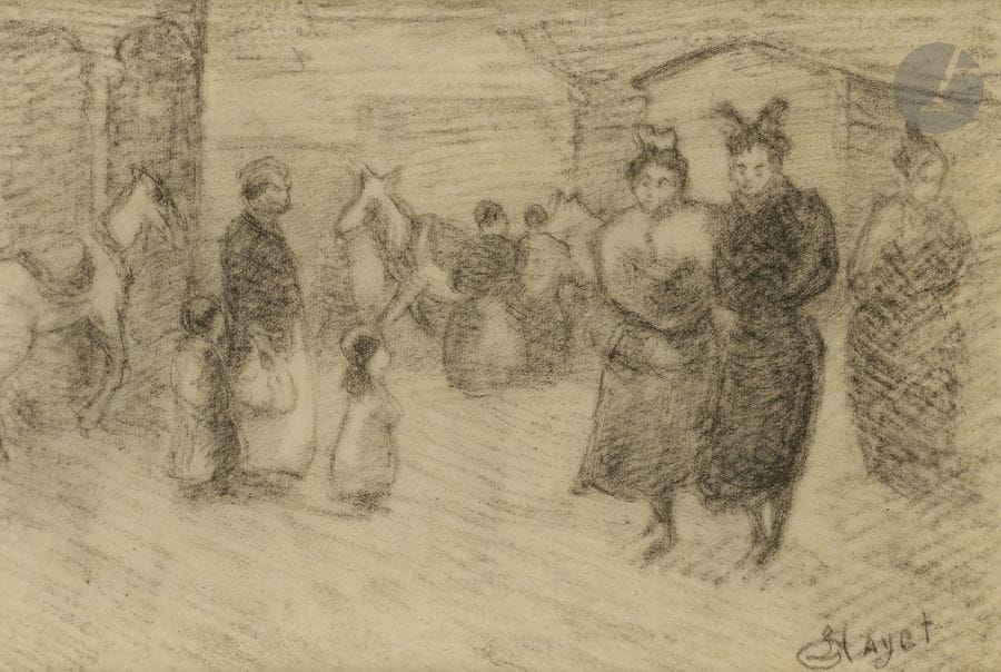 Louis HAYET (1864 - 1940)
Scène de rue animée
Fusain.
Signé en bas à droite.
13 x 19 cm

Provenance : 
Brame et Lorenceau, Paris.

Exposition : 
Louis Hayet, du 13 avril au 19 août 1991, Musée Tavet, Pontoise (étiquette au dos).