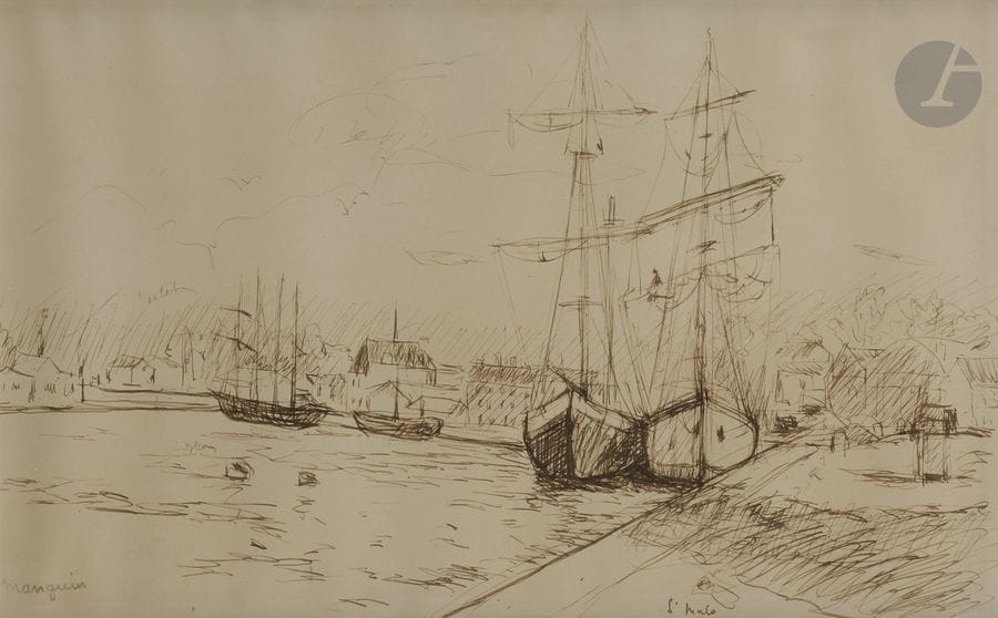 Henri-Charles MANGUIN (1874 - 1949)
Voiliers amarrés dans le port de Saint-Malo
Encre brune.
Porte le timbre de la signature en bas à gauche.
Situé en bas à droite.
21,5 x 35 cm