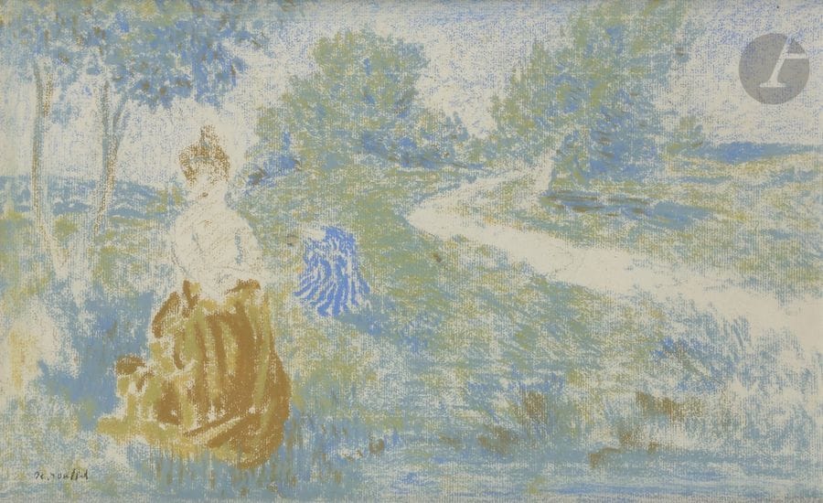 Ker-Xavier ROUSSEL (1867 - 1944)
Femme dans un paysage (étude pour l’album « Paysages »), 1897-1898
Pastel.
Signé en bas à gauche.
24 x 39,5 cm
Notre pastel est la synthèse de deux lithographies (Salomon 15 et 16) conçues pour l’album Paysages, chez Vollard. Commandé par Ambroise Vollard et resté inachevé, cet album devait, comme ceux de Vuillard et de Bonnard, comprendre 13 lithographies en couleurs, soit douze planches et une couverture. Le travail de Roussel a abouti à six lithographies tirées à 100 épreuves par Clot et remises à Vollard à la fin de 1898 (Salomon 14 à 19), une lithographie, La Source, tirée postérieurement à 100 épreuves par Clot (Salomon 20) et cinq lithographies demeurées à l’état d’essais (Salomon 21 à 25).
Nous remercions MM. Nicolas Langlois, Jacques Roussel et Mathias Chivot pour avoir confirmé l’authenticité de cette œuvre. Nous remercions Monsieur Mathias Chivot pour les informations qu’il nous a transmises.