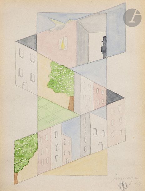 Léopold SURVAGE (1879 - 1968)
Ville cubiste, 1927
Aquarelle et mine de plomb.
Signée et datée en bas à droite.
Porte le timbre de l’atelier en bas à droite.
22 x 16,5 cm

Nous remercions Madame Anne-Marie Divieto d’avoir confirmé l’authenticité de cette œuvre. 
Un certificat pourra être remis à la charge de l’acheteur.