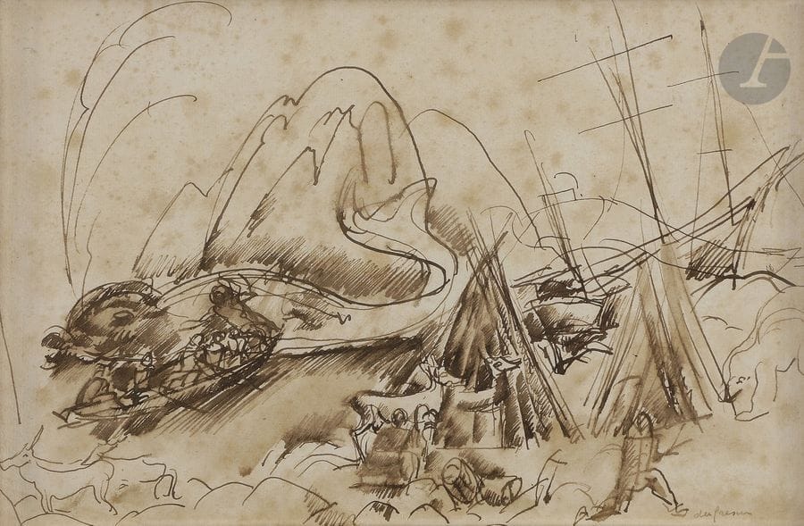 Charles DUFRESNE (1876 - 1938)
La Pêche à la baleine
Encre brune et lavis brun.
Signé en bas à droite.
(Rousseurs).
19,5 x 29,5 cm