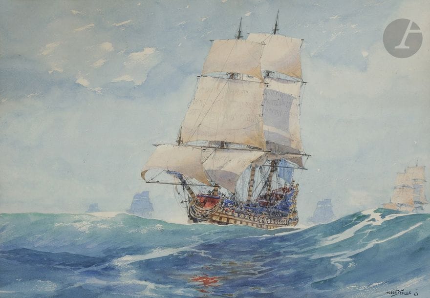 Albert SÉBILLE (1874 - 1953)
Vaisseaux de ligne
Aquarelle.
Signée en bas à droite.
Porte l’ancre réservée aux peintres officiels de la Marine.
47 x 66 cm