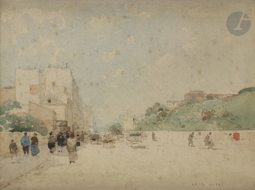 Luigi LOIR (1845 - 1916)
Scène de rue animée
Aquarelle.
Signée en bas à droite.
(Rousseurs).
23 x 31 cm