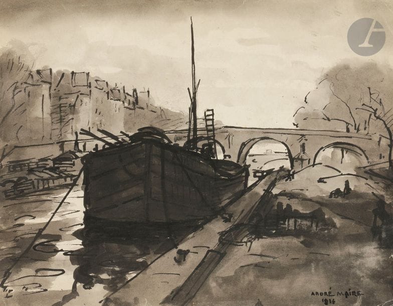 André MAIRE (1898 - 1984)
Quai de Seine, 1916
Encre de Chine et lavis.
Signé et daté en bas à droite.
25 x 32,5 cm