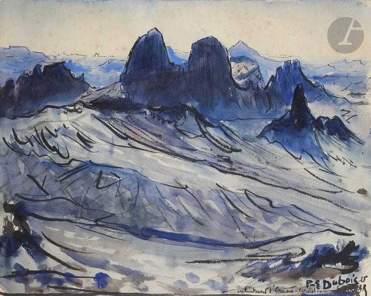 Paul-Elie DUBOIS (1886 - 1949)
Le Hoggar, 1928
Encre et aquarelle.
Signé, daté, situé et dédicacé en bas à droite.
38 x 47 cm