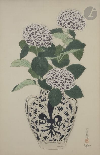 Rihaku HARADA (1890 - 1954)
Grand vase aux hortensias, 1936
Technique mixte sur soie.
Signé et daté en bas à droite.
Cachet rouge de l’artiste.
88 x 60 cm