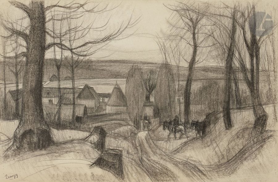 Jules-Émile ZINGG (1882 - 1942)
L’Entrée du village
Fusain.
Porte le timbre de la signature en bas à gauche.
31,5 x 48 cm