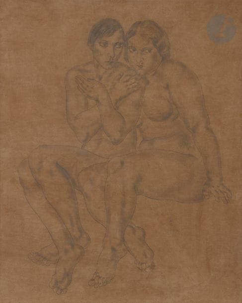 Léonard-Tsuguharu FOUJITA (1886 - 1968)
Les Deux amies, vers 1927
Mine de plomb et estompe sur papier contrecollé sur carton.
Signé en bas vers la droite.
(Restaurations). 
91 x 70 cm