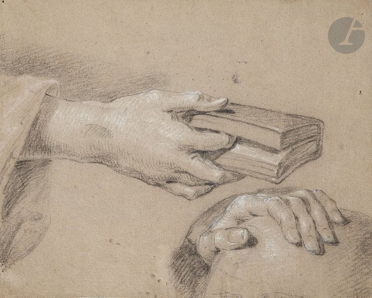 Jean RESTOUT (1692 - 1768)
Études de mains tenant un livre et appuyées sur une sculpture
Pierre noire et craie blanche sur papier beige.
(Quelques trous d’épingles et quelques taches).
21 x 25,5 cm

Notre dessin est préparatoire au Portrait d’un prémontré, Caen, Musée des Beaux-Arts, inv. 191, et reproduit in Christine Gouzi, Jean Restout, 1692 - 1768, peintre d’histoire à Paris, Paris, Arthéna, 1999, p. 221.
On joint une étude de main du XVIIIe siècle.