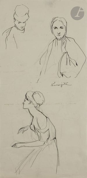 Léonard-Tsuguharu FOUJITA (1886 - 1968)
Trois études de femmes
Encre.
Signé au centre.
(Petites taches et salissures)
27,5 x 13,5 cm

Provenance : 
Vente Maître Cornette de Saint-Cyr, Succession Kimiyo Foujita, Paris, 9 décembre 2013, n°250.

Un certificat de la maison de ventes Cornette de Saint-Cyr, en date du 10 février 2014, sera remis à l’acquéreur.