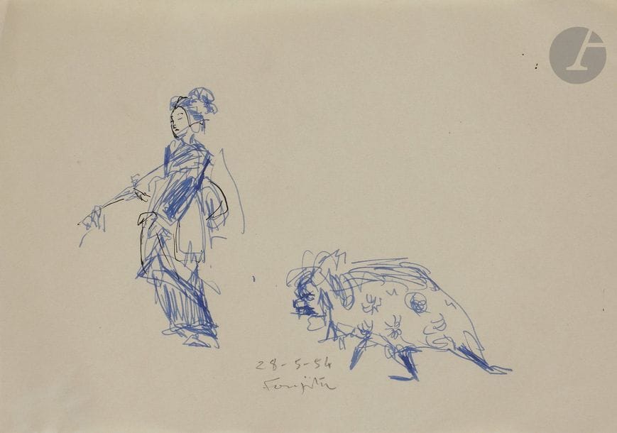 Léonard-Tsuguharu FOUJITA (1886 - 1968)
élégante au chien, 1954
Encre bleue.
Signé et daté en pied.
(Petits plis).
15,5 x 21,3 cm

Provenance : 
Vente Maître Cornette de Saint-Cyr, Succession Kimiyo Foujita, Paris, 9 décembre 2013, n°276.

Un certificat de la maison de ventes Cornette de Saint-Cyr, en date du 10 février 2014, sera remis à l’acquéreur.