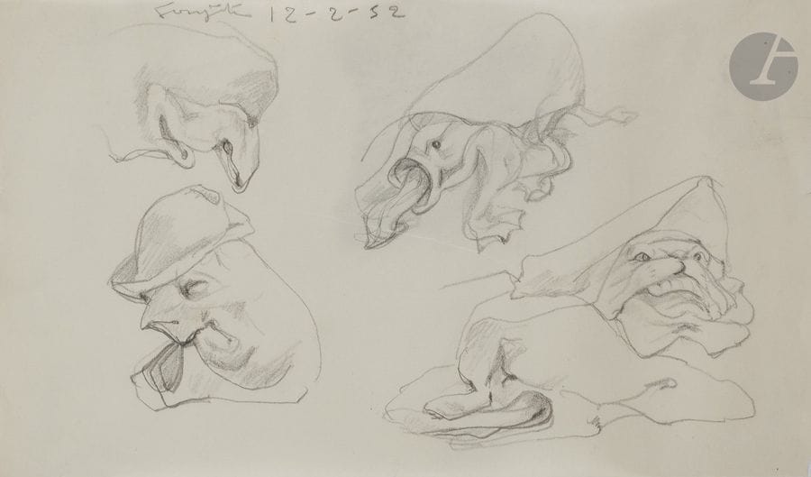 Léonard-Tsuguharu FOUJITA (1886 - 1968)
Étude de visages écorchés, 1952
Mine de plomb.
Signé et daté en haut à droite.
14,7 x 24,8 cm

Provenance : 
Vente Maître Cornette de Saint-Cyr, Succession Kimiyo Foujita, Paris, 9 décembre 2013, n°281.

Un certificat de la maison de ventes Cornette de Saint-Cyr, en date du 10 février 2014, sera remis à l’acquéreur.